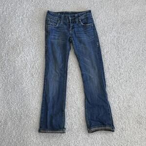 Women’s Miss Me "Sang Real" low-rise bootcut bedazzle denim blue jeans (size 27)